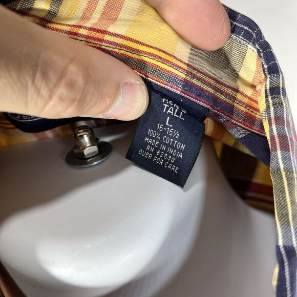 LANDS ENDS BUTTON DOWN LONG SLEEVE SHIRT MENS LARGE TALL YELLOW PLAID RED RIPPED - Picture 10 of 14